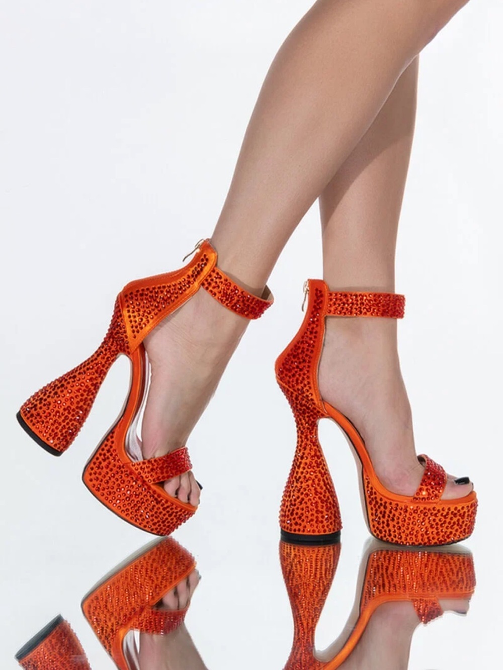 Azalea Wang Women's Orange Crystal Chunky Platform Heels with Ankle Strap